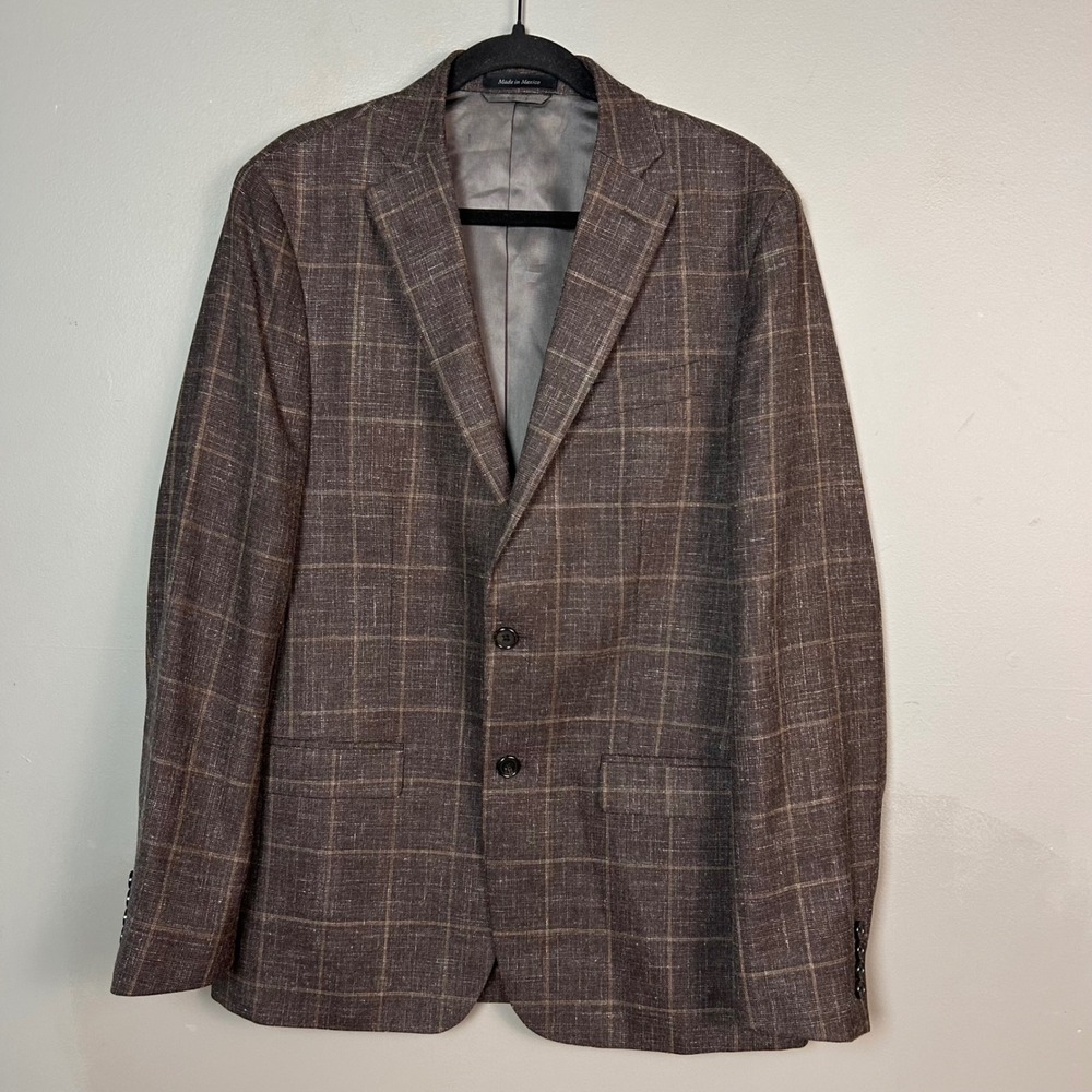 Lauren Ralph Lauren Sport Coat Men's 40L Brown Windowpane Plaid Wool Silk Linen